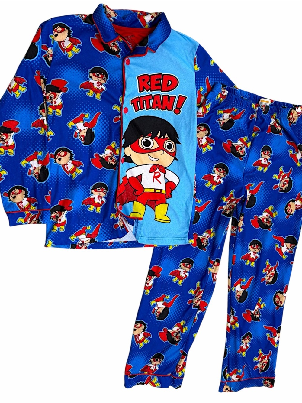 Ryan’s World Boys Two Piece Pajamas Set Size Large Long Sleeve Button Up & Pants